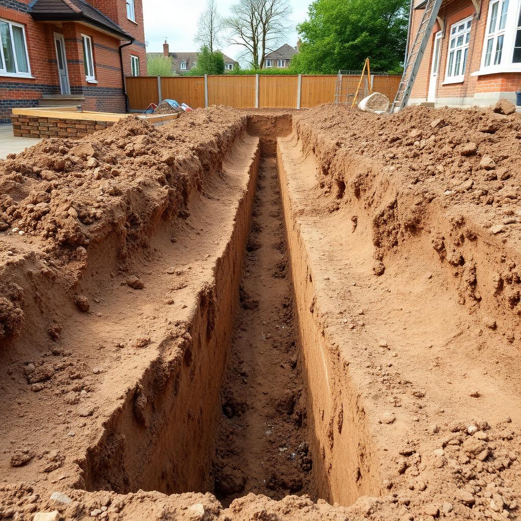 Mini excavator carrying out excavation work alongside a residential property in Essex